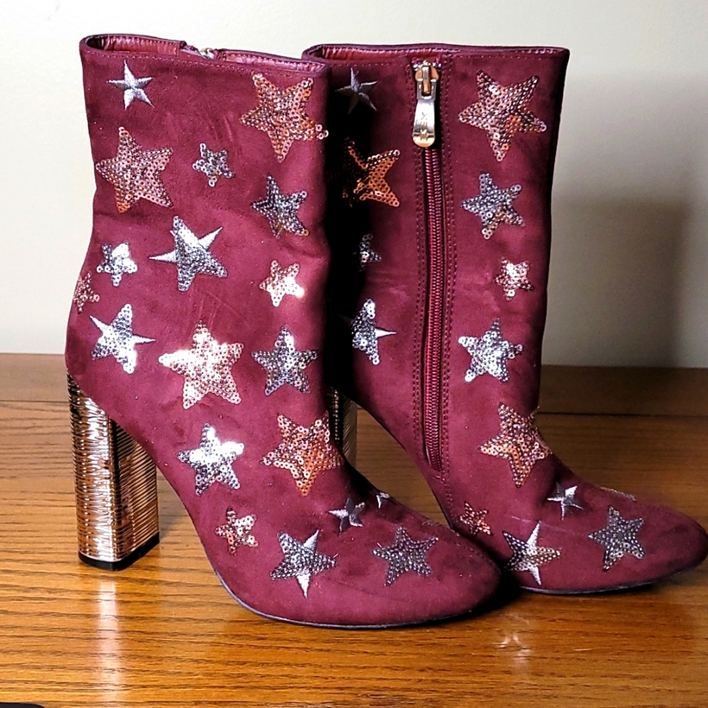 Ladies X2B Sz. 6 Suede Sequined Embroidered Stars Block Heel 3/4 Boots